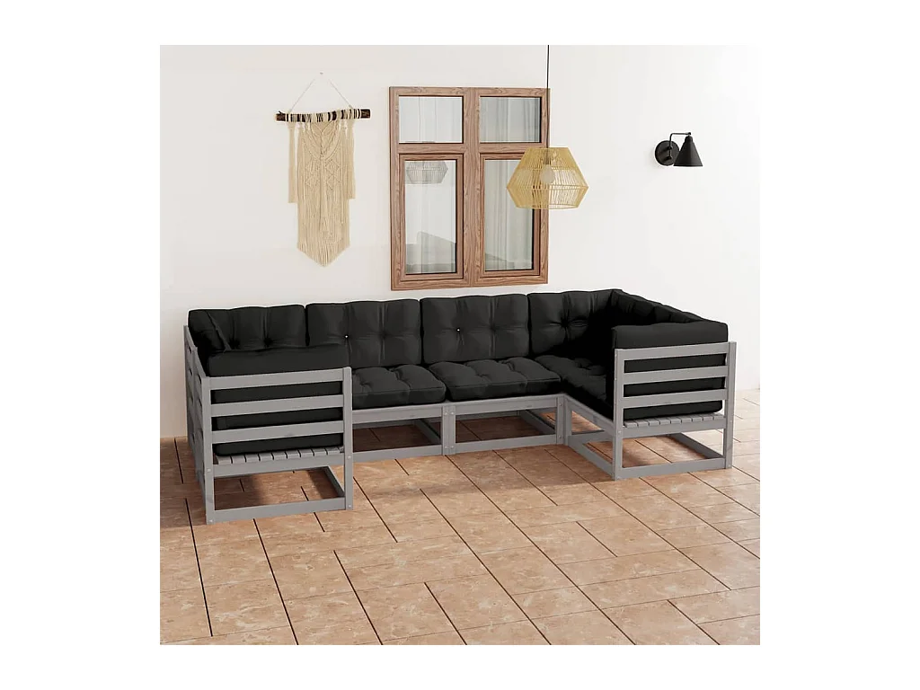 6-delige Loungeset met kussens massief grenenhout grijs