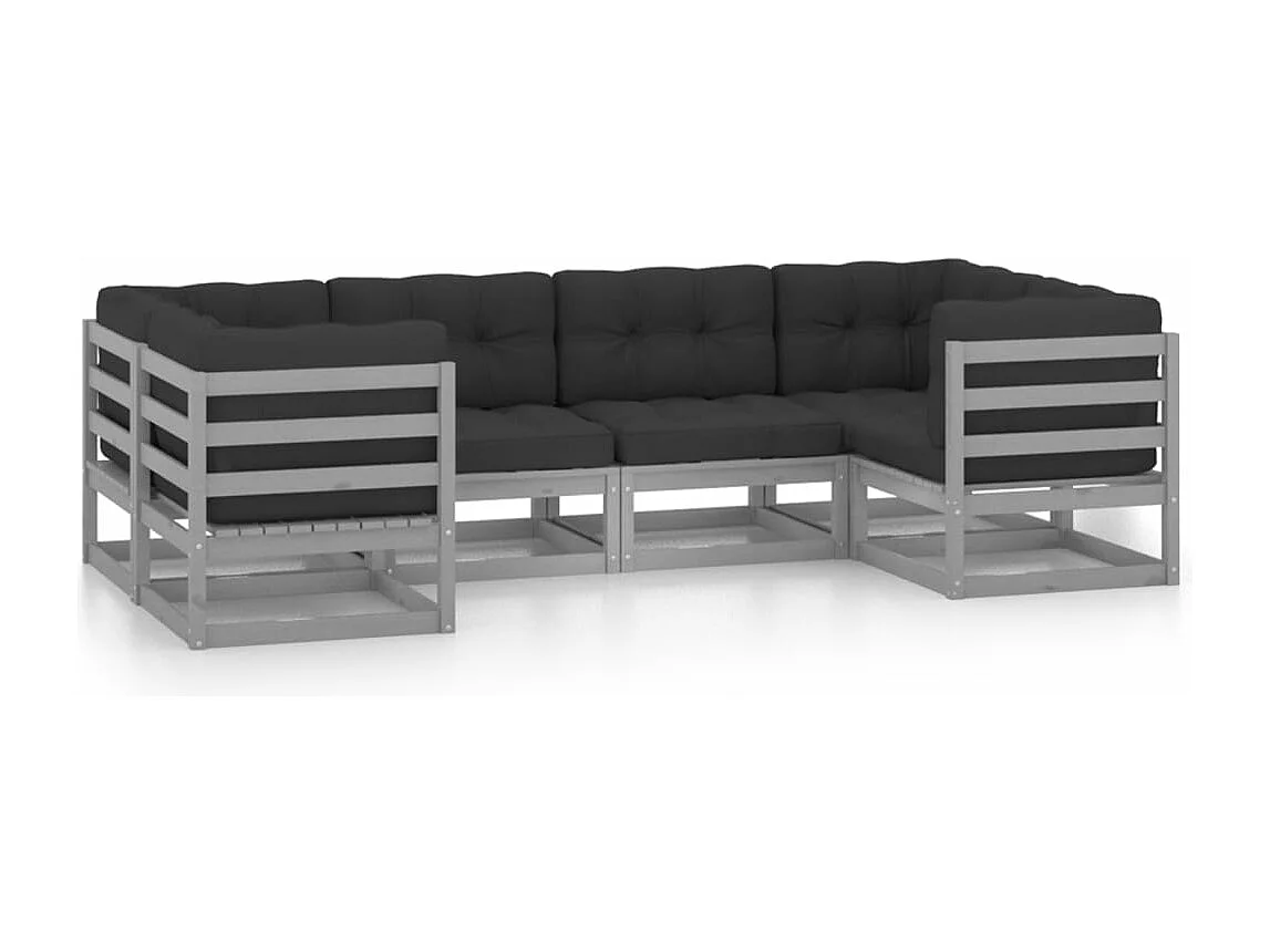 6-tlg. Garten-Lounge-Set mit Kissen Grau Massivholz Kiefer