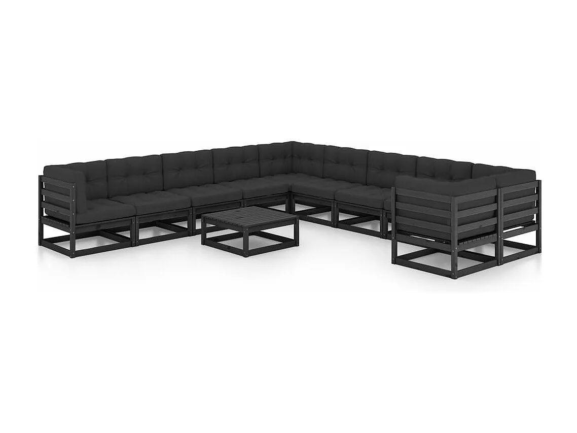 Salon de jardin 11 pcs avec coussins Noir Bois de pin massif