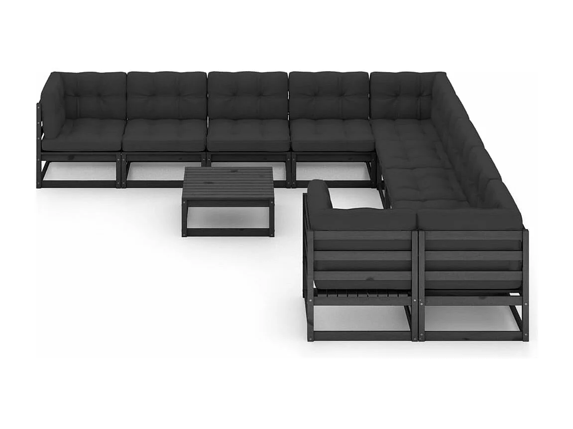 Salon de jardin 11 pcs avec coussins Noir Bois de pin massif
