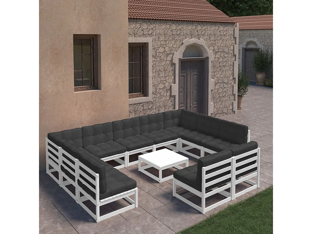 Salon de jardin 12 pcs avec coussins Blanc Bois de pin massif