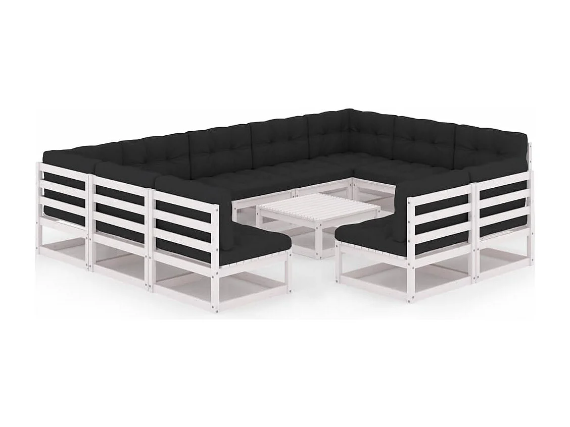 Salon de jardin 12 pcs avec coussins Blanc Bois de pin massif