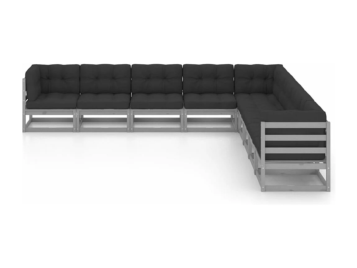 9-delige Loungeset met kussens massief grenenhout grijs