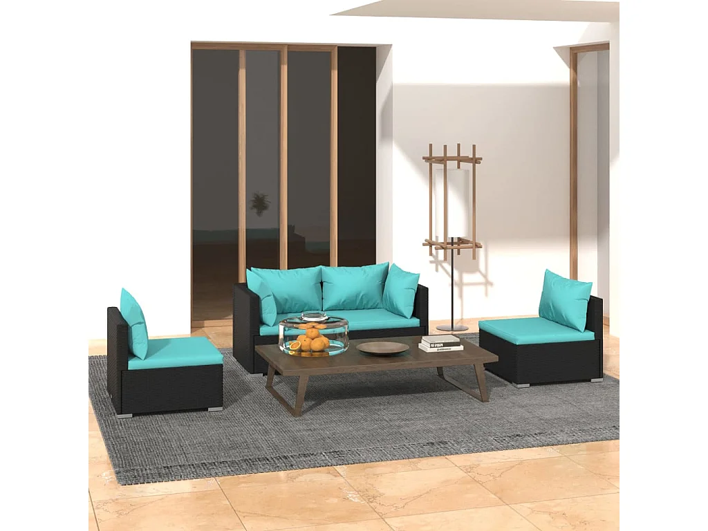 4-tlg. Garten-Lounge-Set mit Kissen Poly Rattan Schwarz