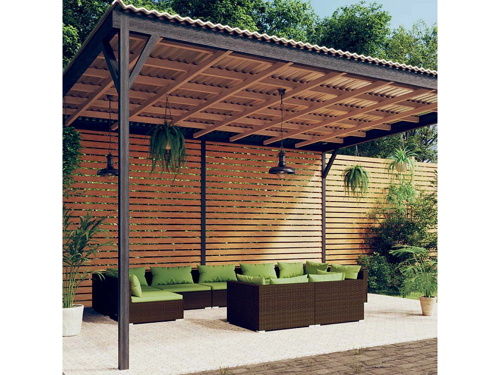 9 pcs conjunto lounge de jardim c/ almofadões vime PE castanho
