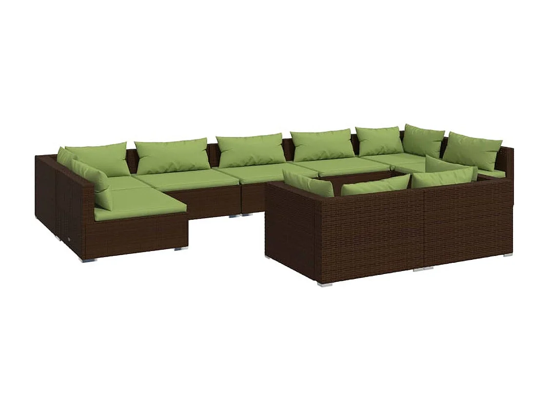 9 pcs conjunto lounge de jardim c/ almofadões vime PE castanho