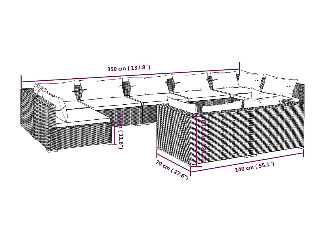 9 pcs conjunto lounge de jardim c/ almofadões vime PE castanho