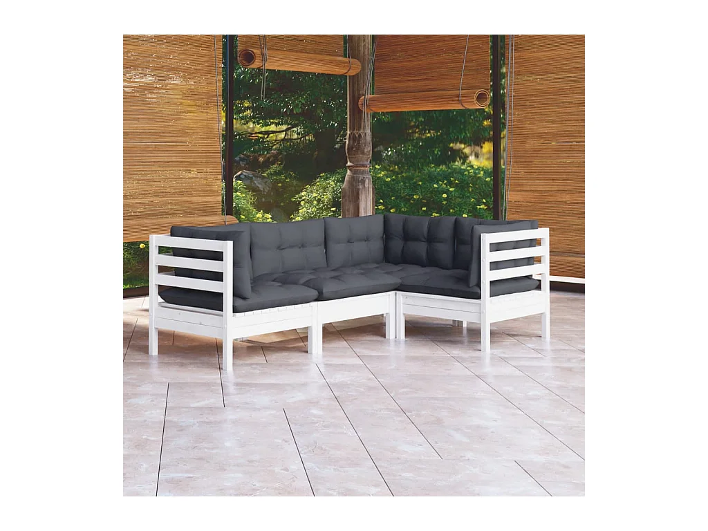 Set Divani da Giardino 4 pz con Cuscini Bianchi Legno di Pino