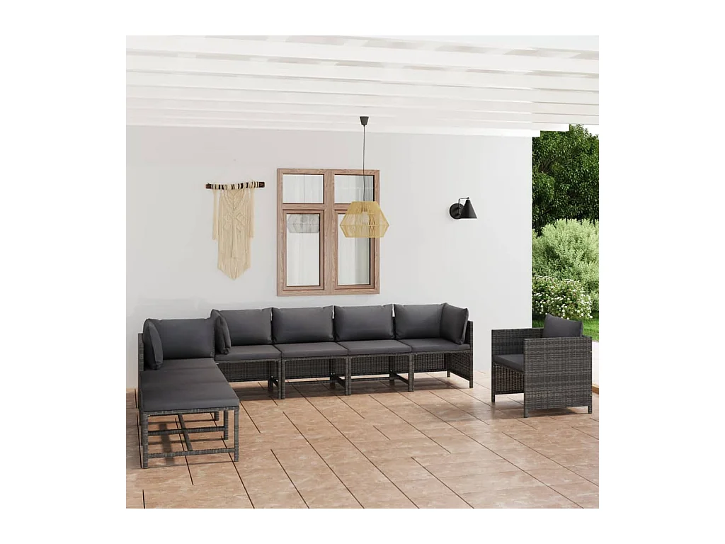 Salon de jardin 8 pcs avec coussins Résine tressée Gris