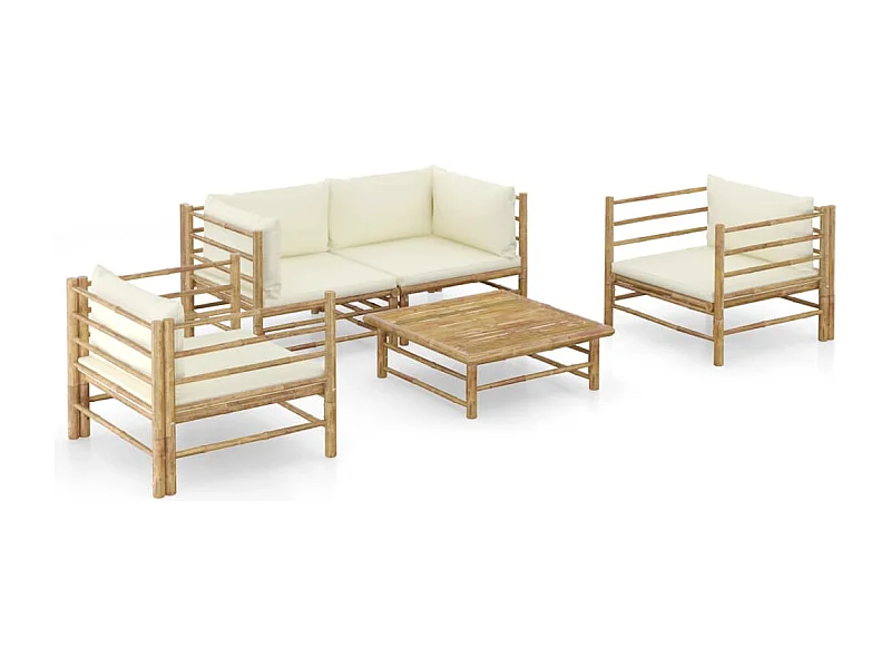 Set de muebles de jardín 5 piezas bambú y cojines blanco crema