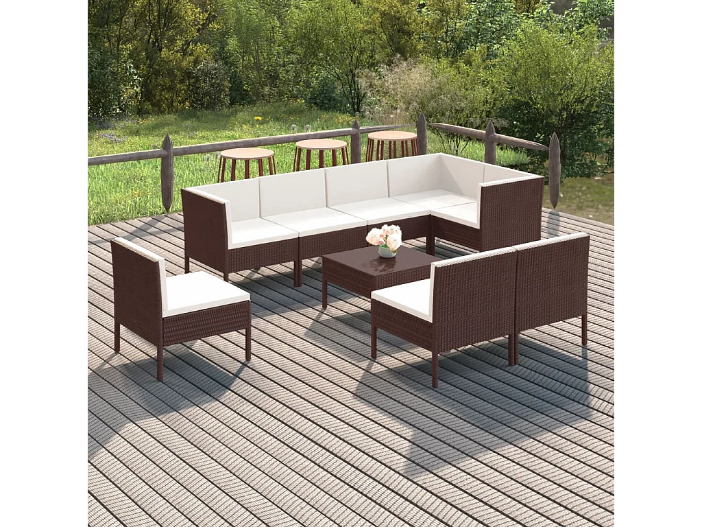 Salon de jardin 9 pcs avec coussins résine tressée marron