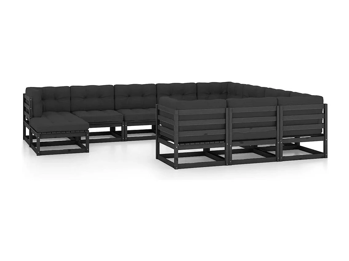 Salon de jardin 11 pcs avec coussins Noir Bois de pin massif