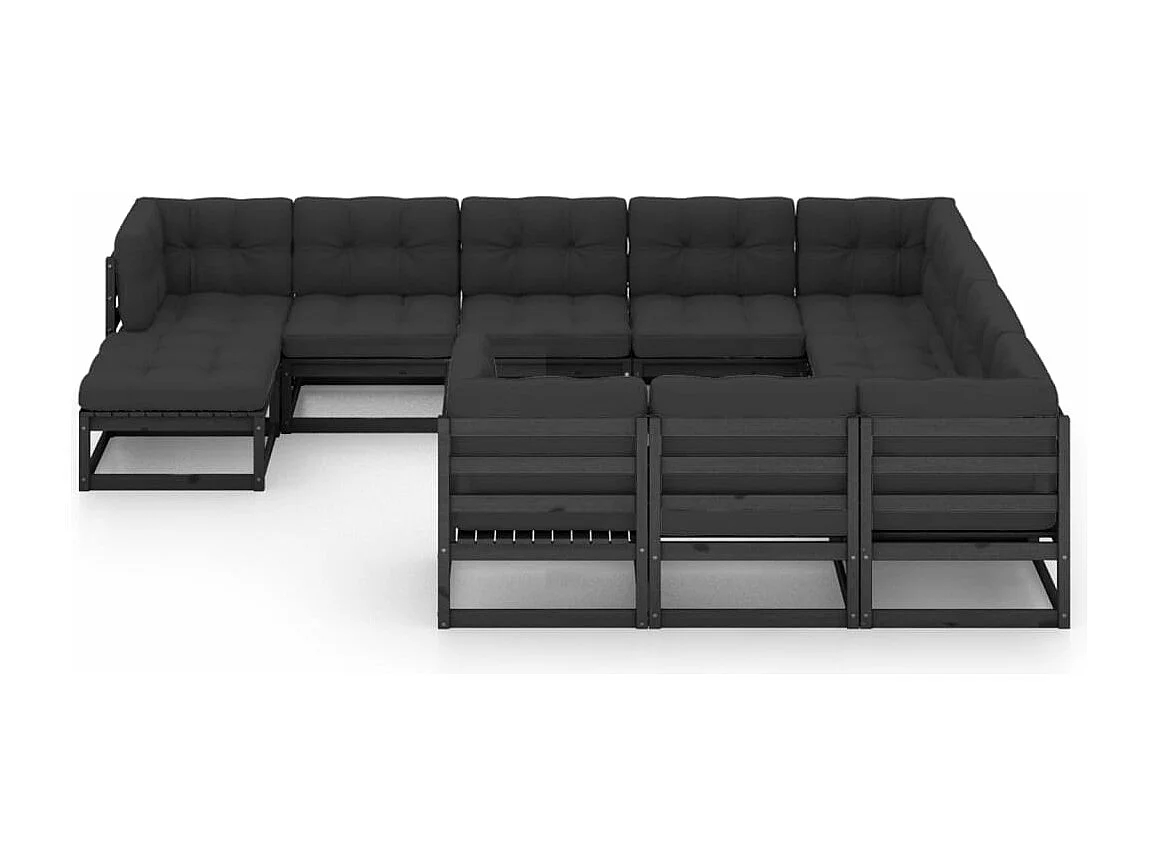 Salon de jardin 11 pcs avec coussins Noir Bois de pin massif