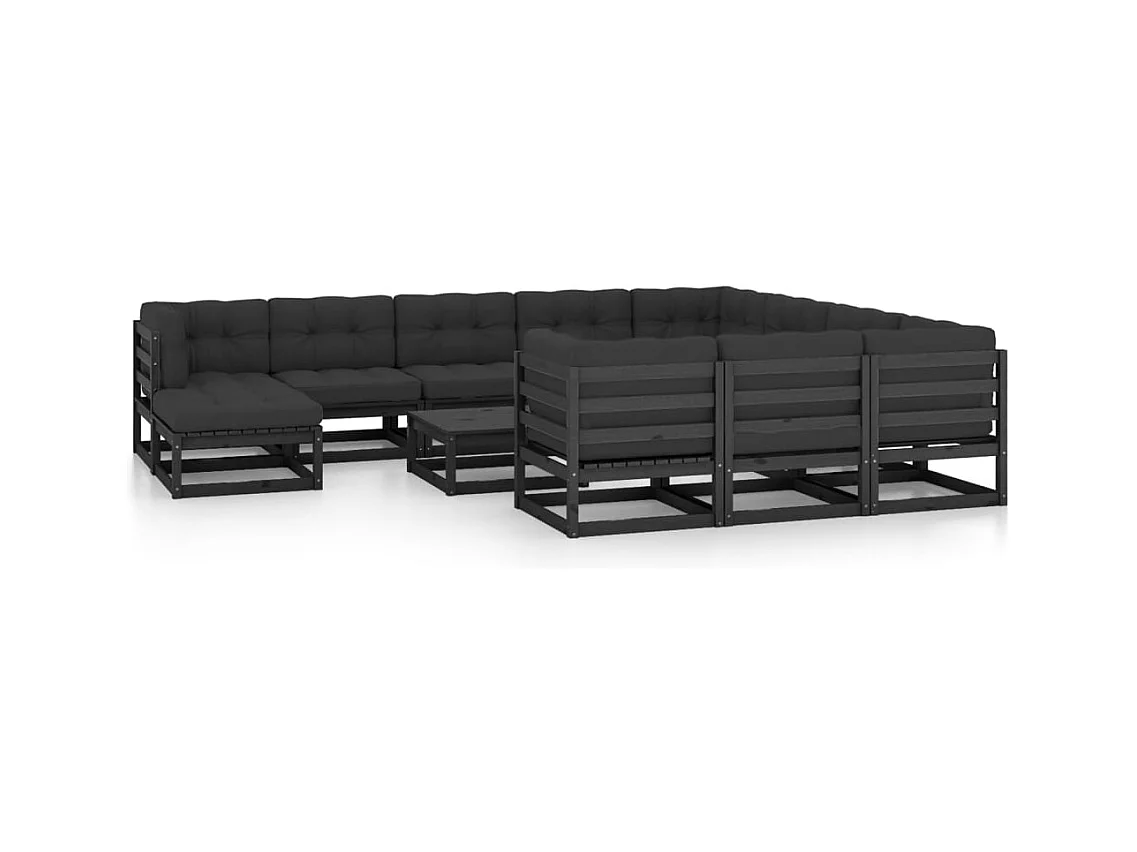 12 pcs conjunto longue jardim c/ almofadões pinho maciço preto