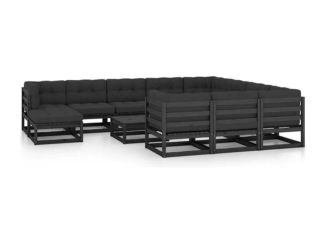 Salon de jardin 12 pcs avec coussins Noir Bois de pin massif