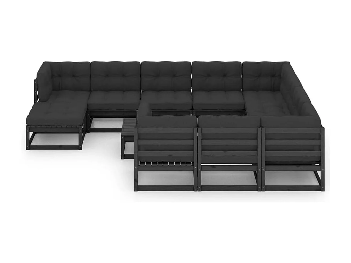 Salon de jardin 12 pcs avec coussins Noir Bois de pin massif