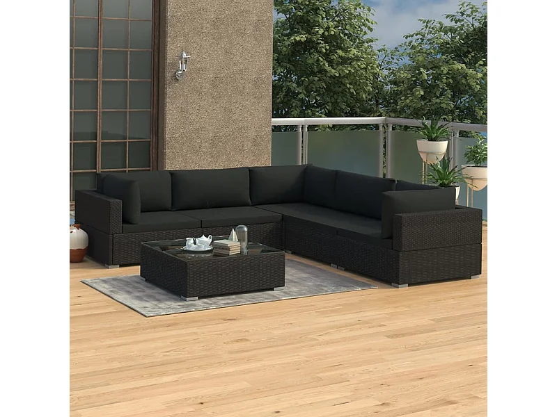 6 pcs conjunto lounge de jardim c/ almofadões vime PE preto