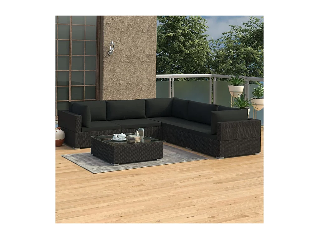 Set muebles de jardín 6 piezas y cojines ratán sintético negro