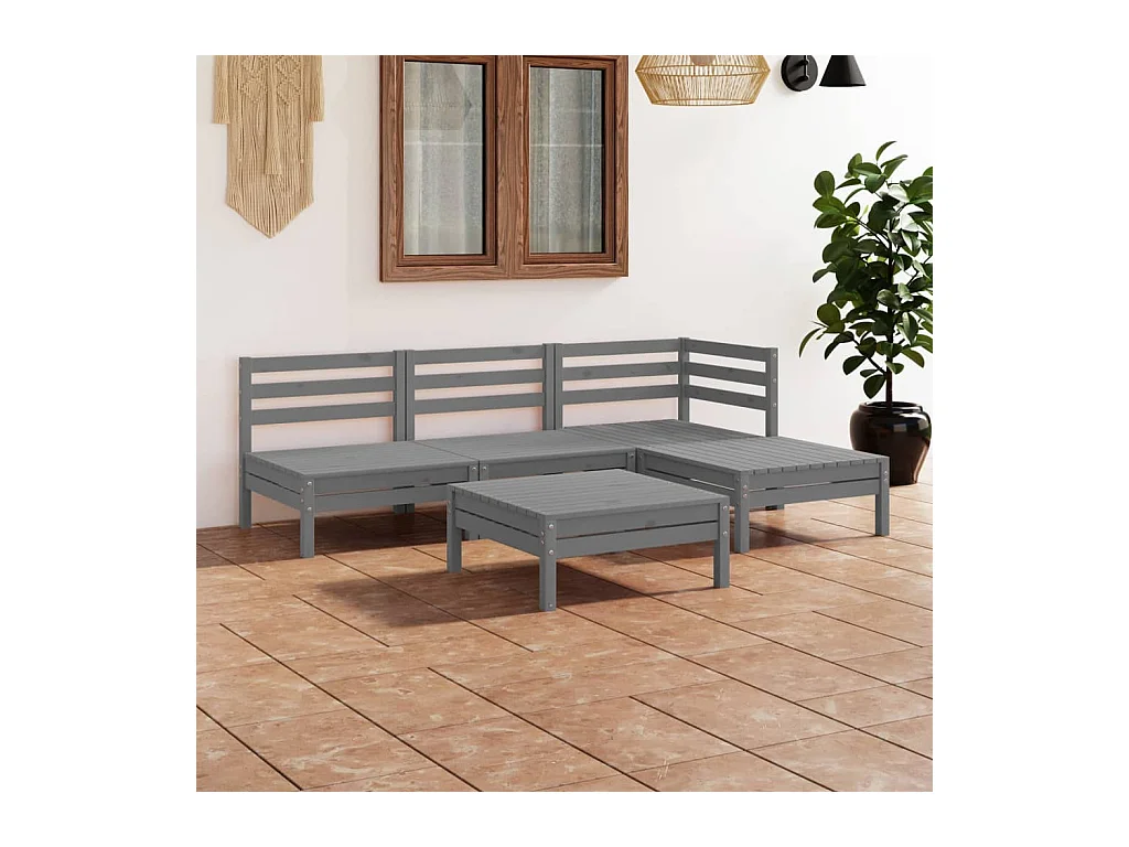 Set Salotto da Giardino 5 pz in Legno Massello di Pino Grigio