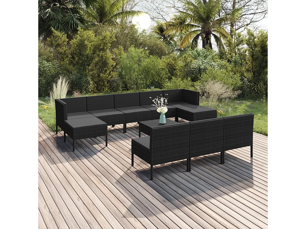11-delige Loungeset met kussens poly rattan zwart