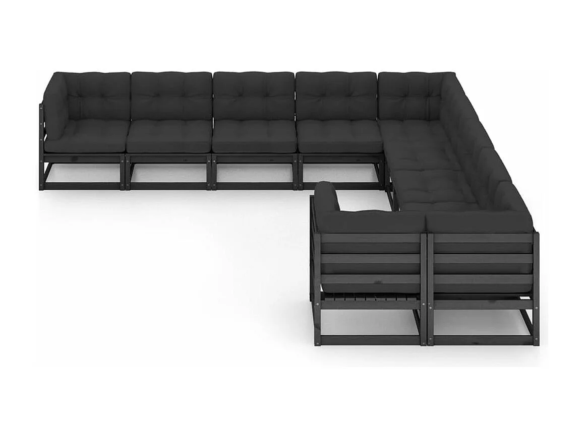 Salon de jardin 10 pcs avec coussins Noir Bois de pin massif