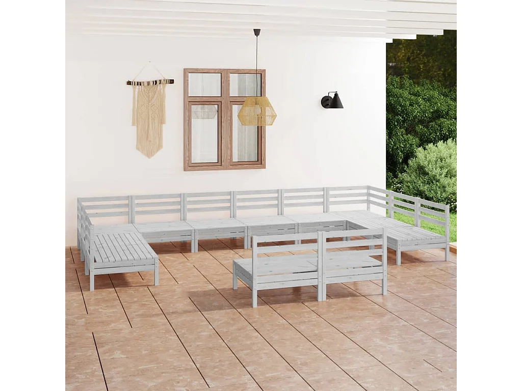 Salon de jardin 12 pcs Blanc Bois de pin massif