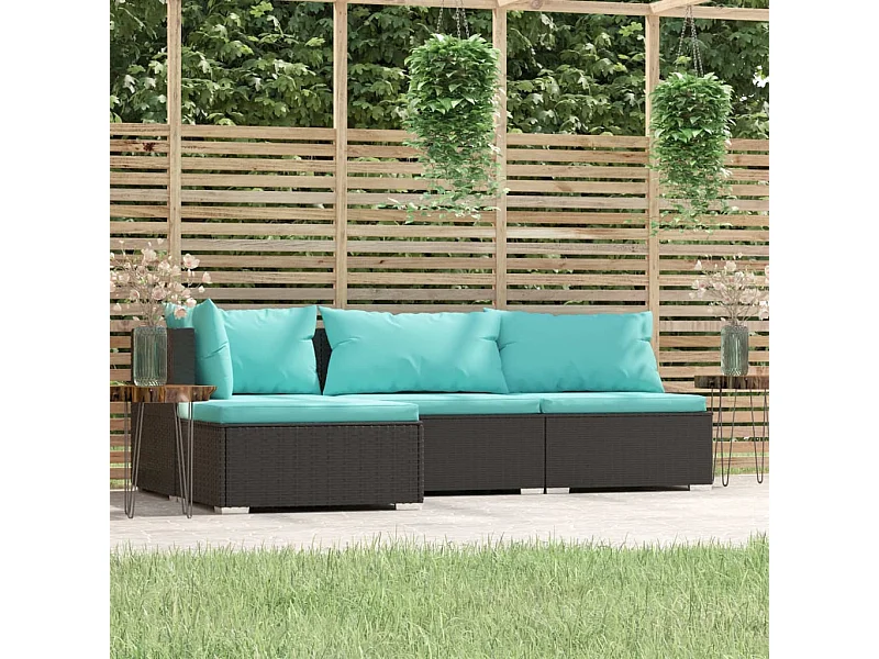 4-tlg. Garten-Lounge-Set mit Kissen Schwarz Poly Rattan