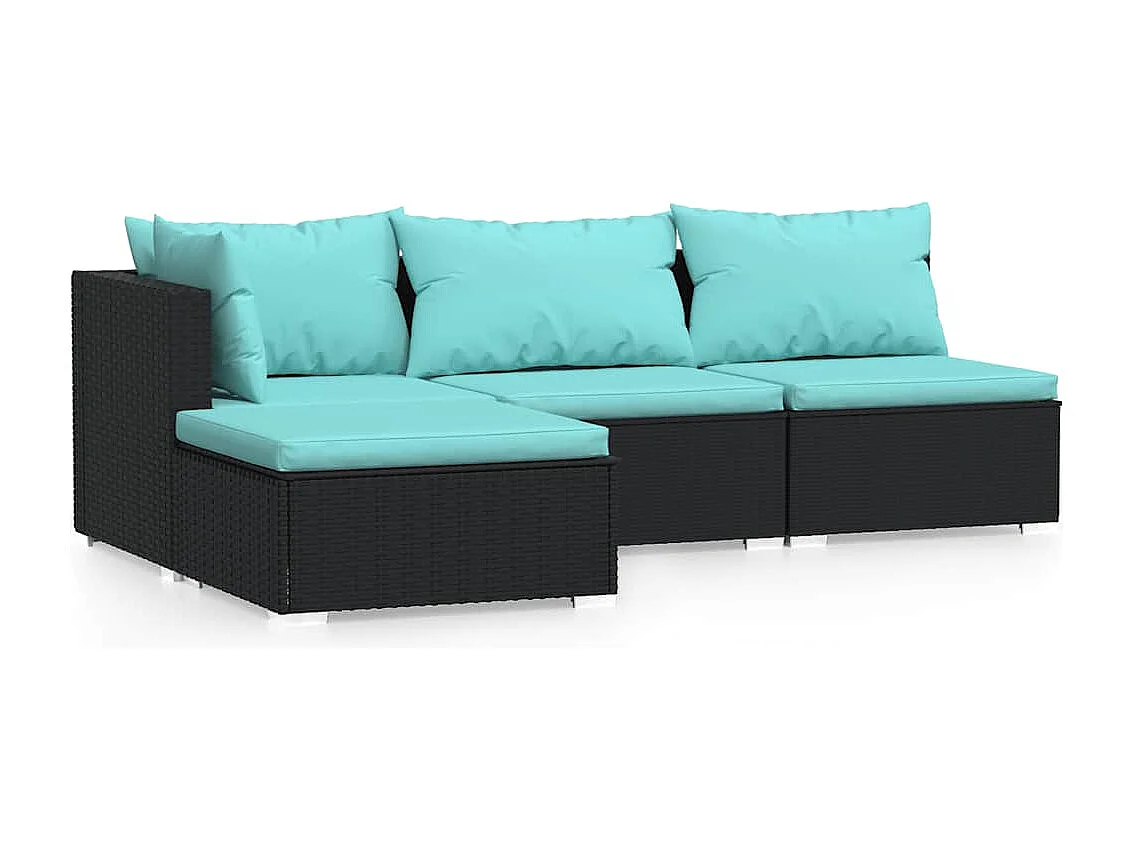 4-tlg. Garten-Lounge-Set mit Kissen Schwarz Poly Rattan