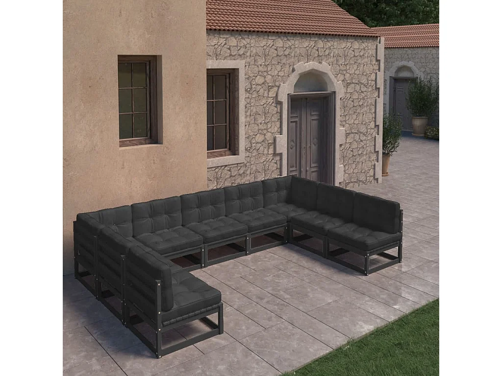 9-tlg. Garten-Lounge-Set mit Kissen Schwarz Massivholz Kiefer