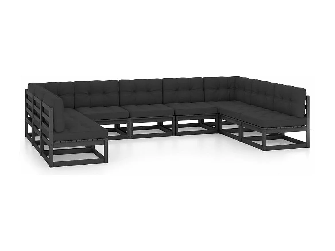 9-tlg. Garten-Lounge-Set mit Kissen Schwarz Massivholz Kiefer