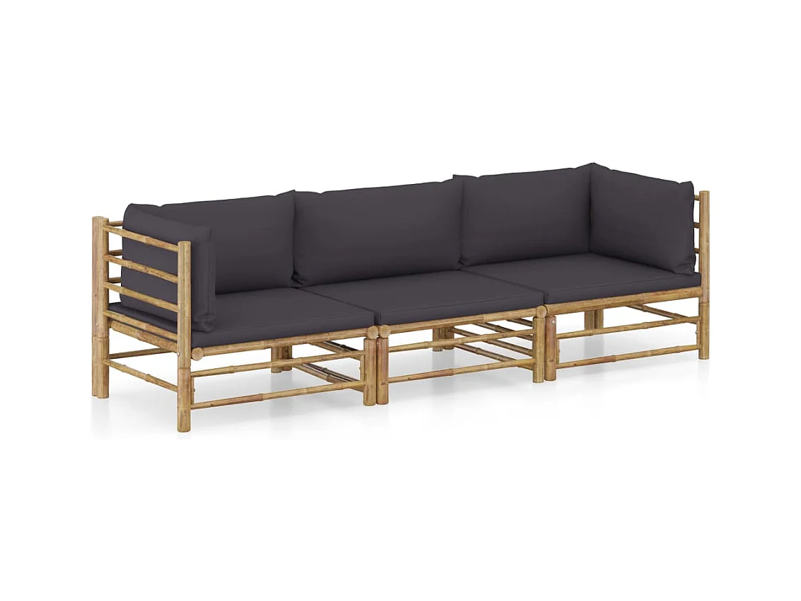 Salon de jardin 3 pcs avec coussins gris foncé bambou