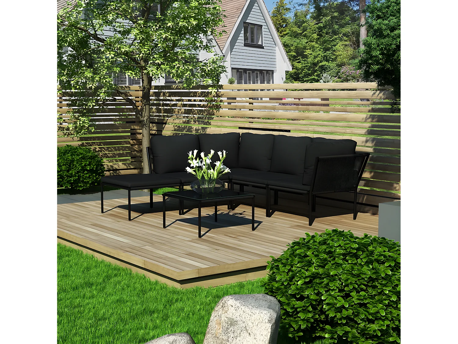 Salon de jardin 6 pcs avec coussins Noir PVC