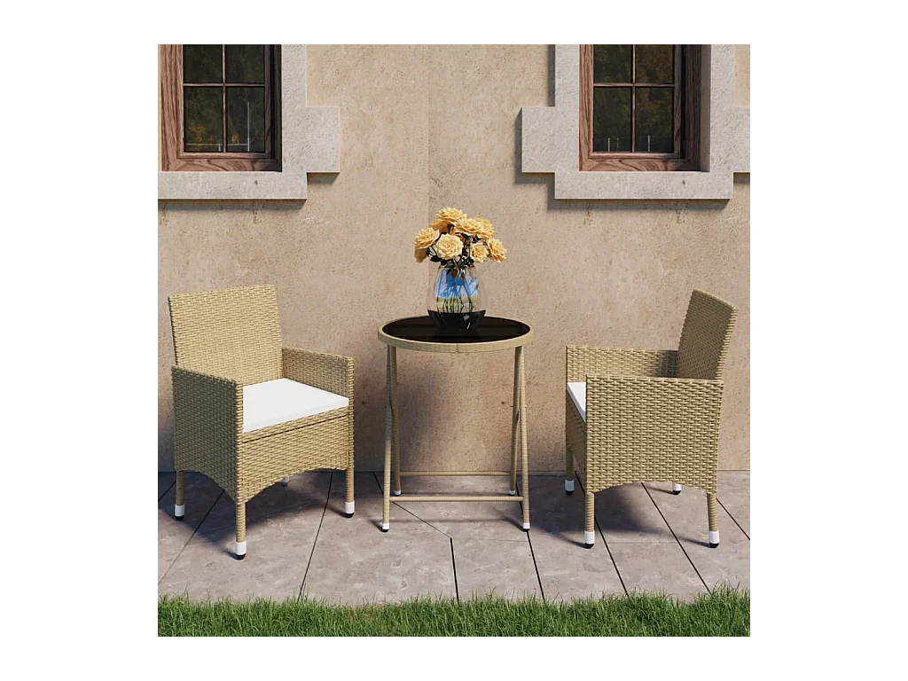 3-delige Bistroset poly rattan en gehard glas beige