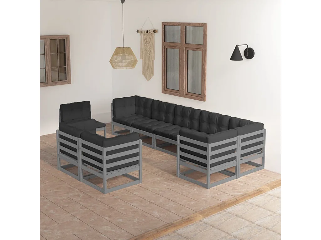 9-delige Loungeset met kussens massief grenenhout