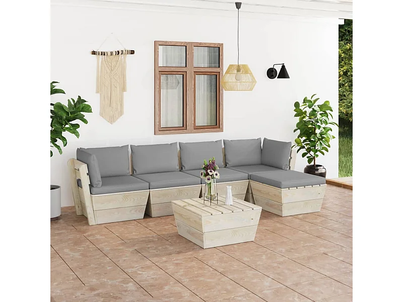 Set Divani da Giardino su Pallet 6 pz con Cuscini Legno Abete