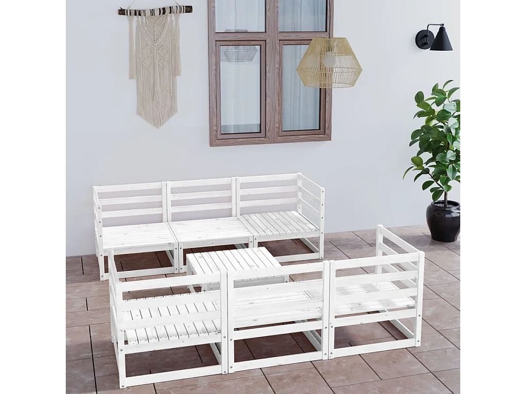 Salon de jardin 7 pcs Blanc Bois de pin massif