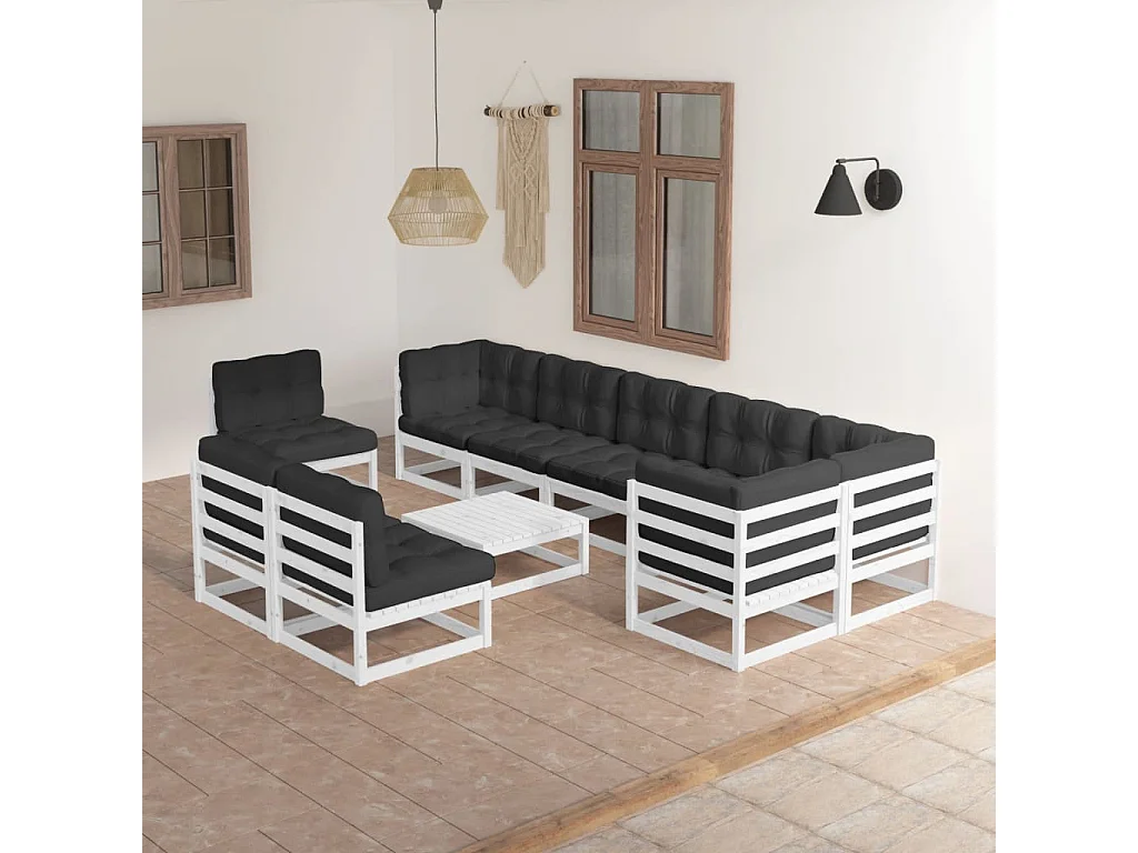 Salon de jardin 10 pcs avec coussins Bois de pin massif