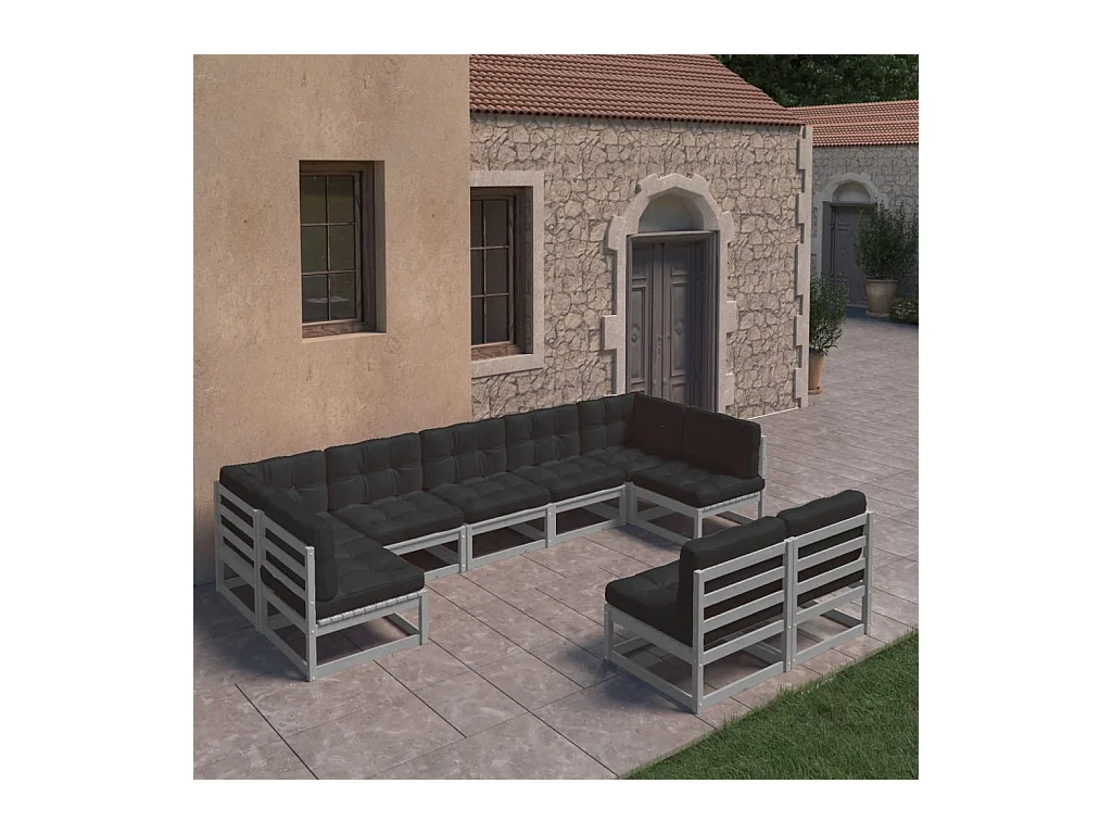 Salon de jardin 9 pcs avec coussins Gris Bois de pin massif