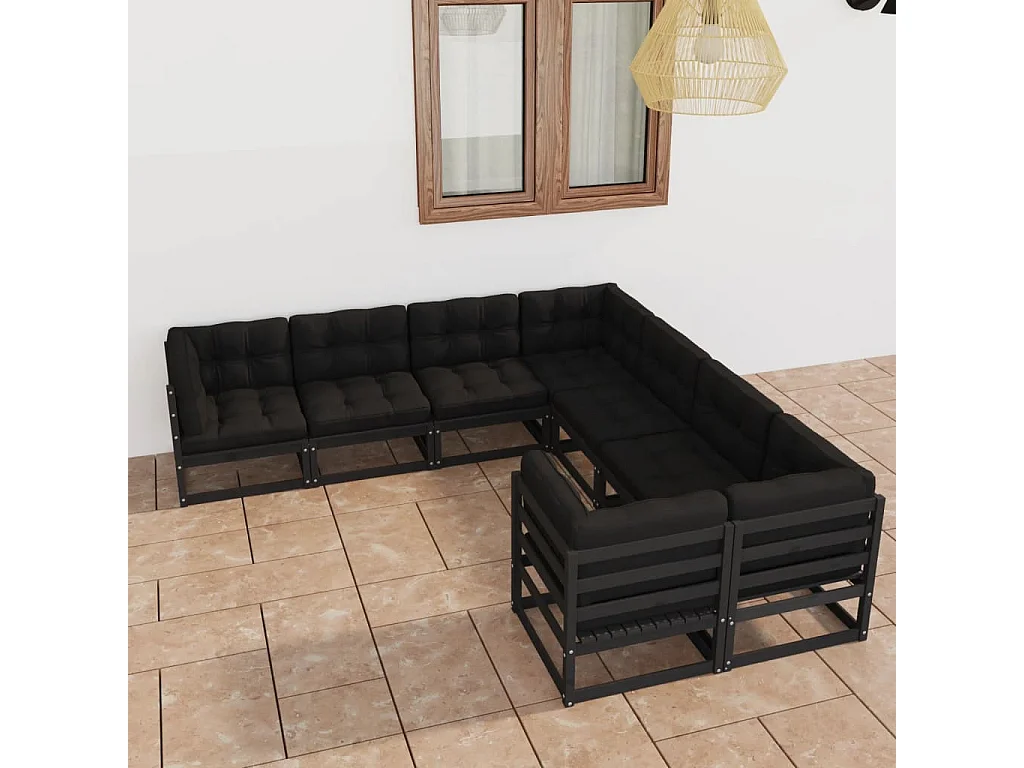 8-tlg. Garten-Lounge-Set mit Kissen Schwarz Massivholz Kiefer