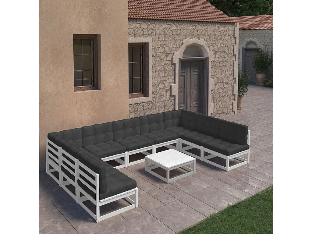 Set Divani da Giardino 10 pz Cuscini Bianchi Massello di Pino