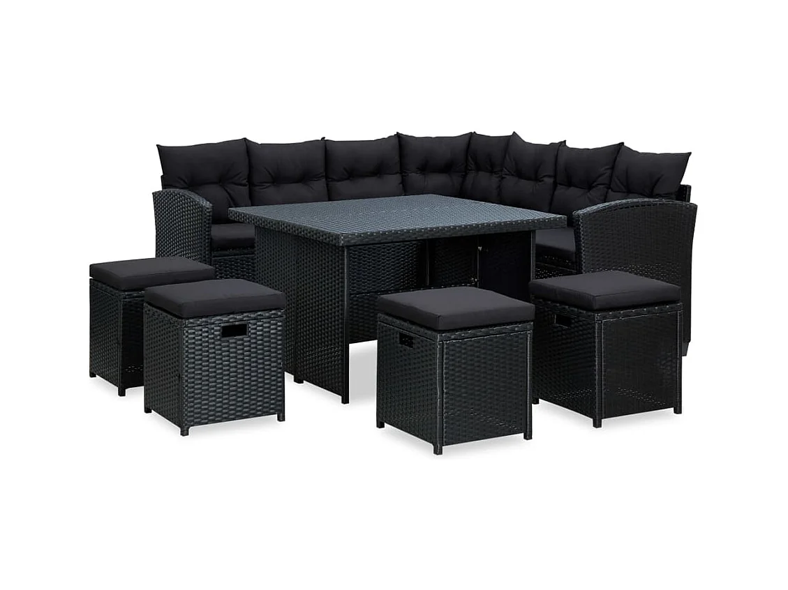 Salon de jardin 6 pcs avec coussins résine tressée noir