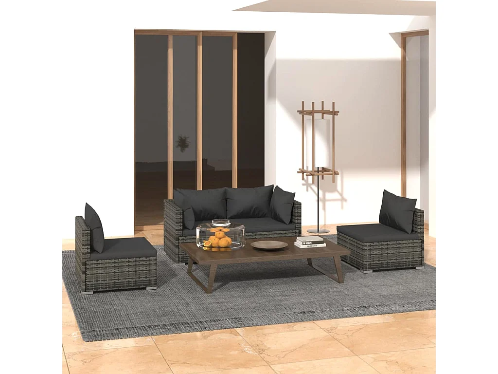 4 pcs conjunto lounge de jardim c/ almofadões vime PE cinzento