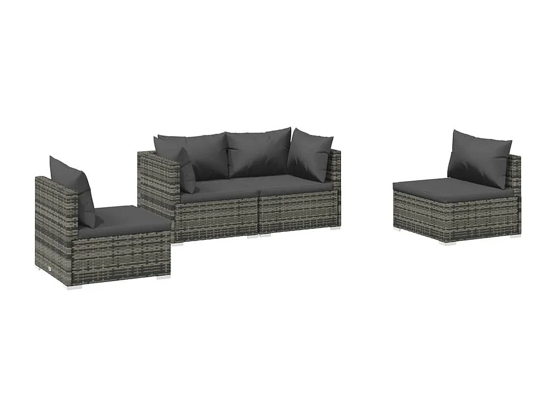 4 pcs conjunto lounge de jardim c/ almofadões vime PE cinzento