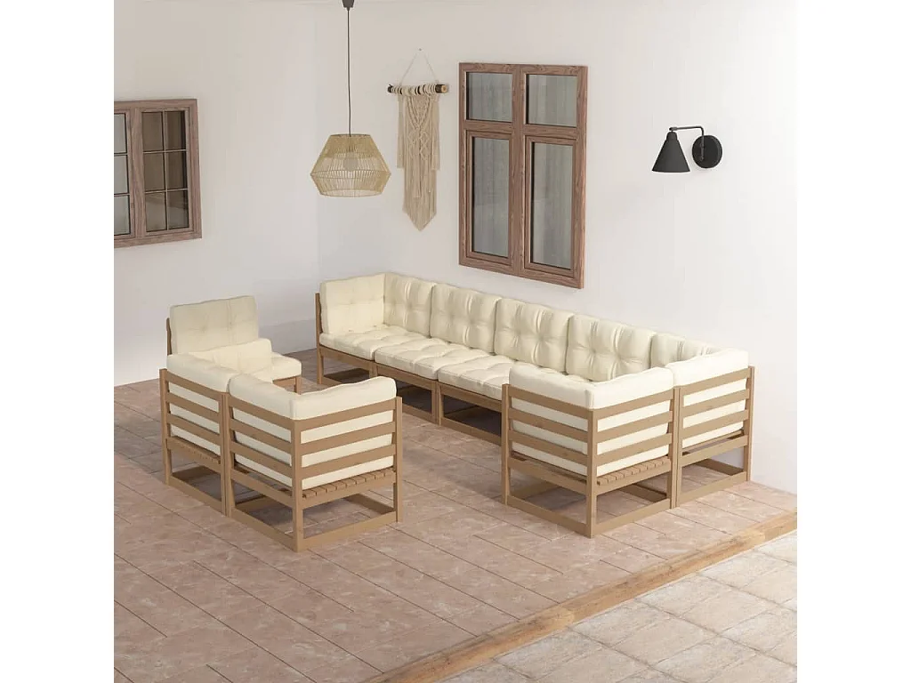 9-delige Loungeset met kussens massief grenenhout