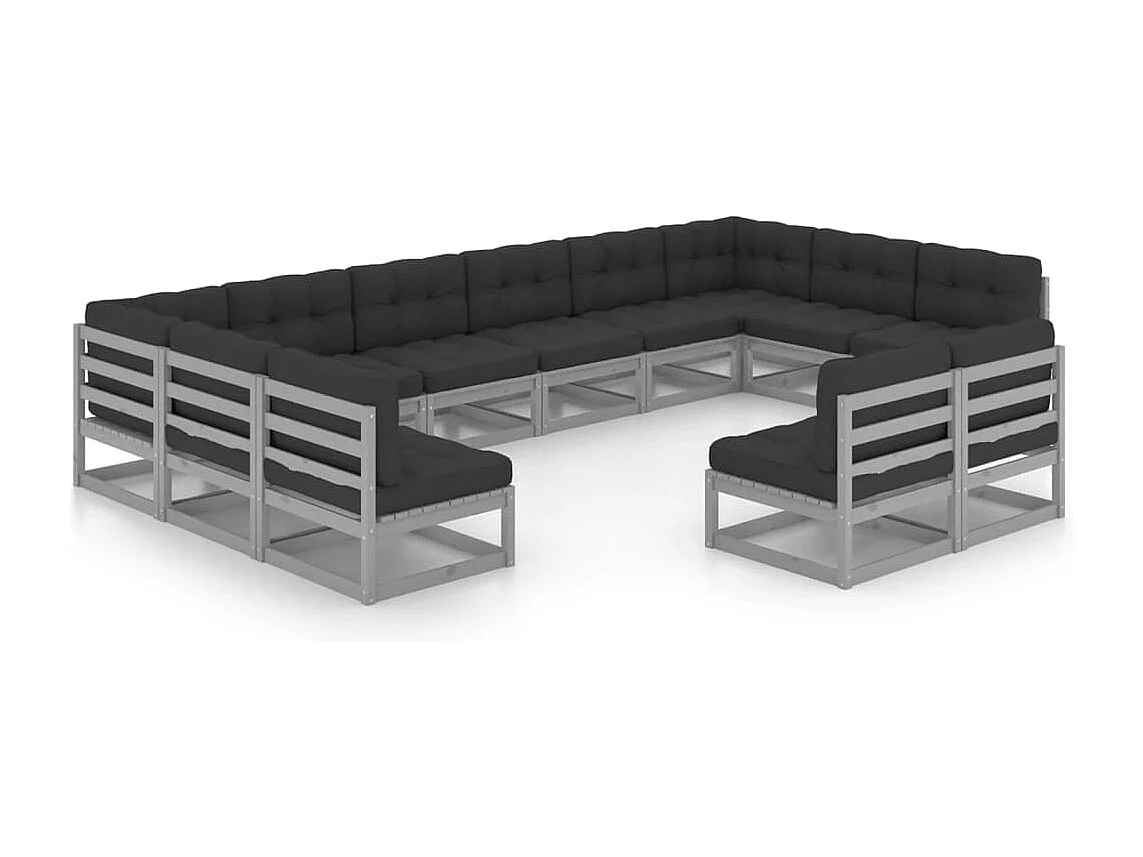 12-tlg. Garten-Lounge-Set mit Kissen Grau Massivholz Kiefer