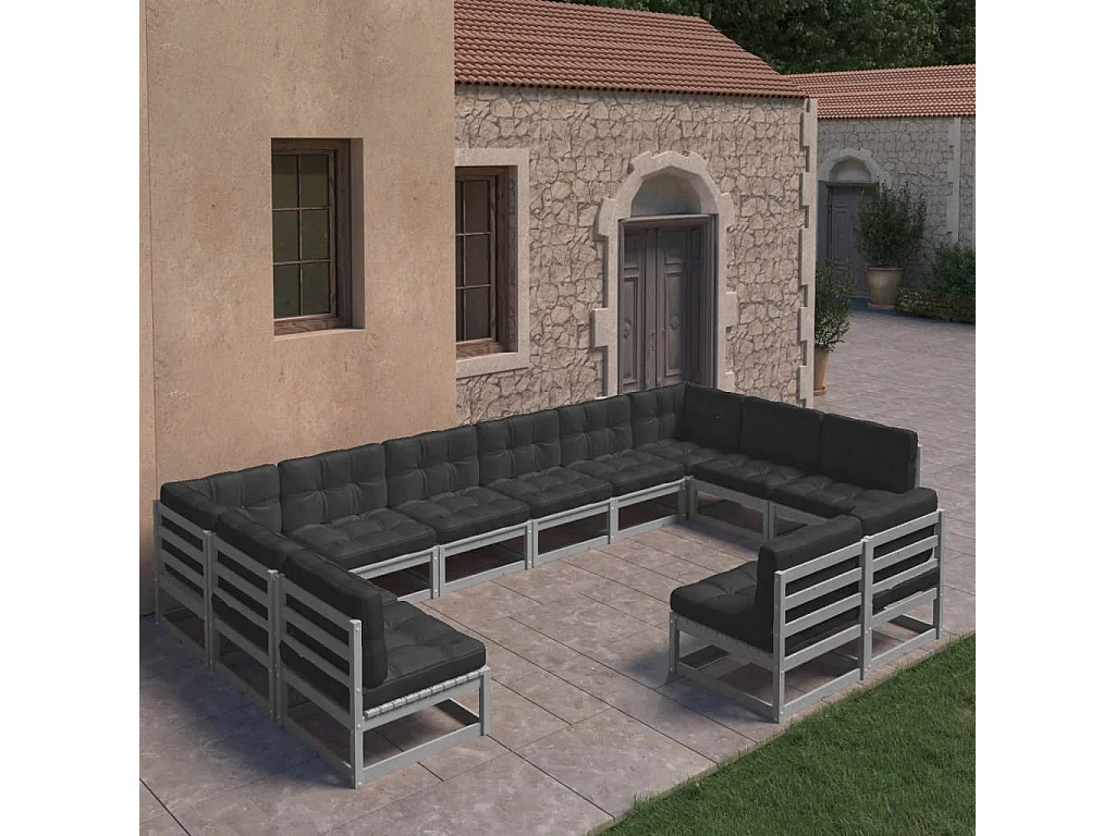 Salon de jardin 12 pcs avec coussins Gris Bois de pin massif