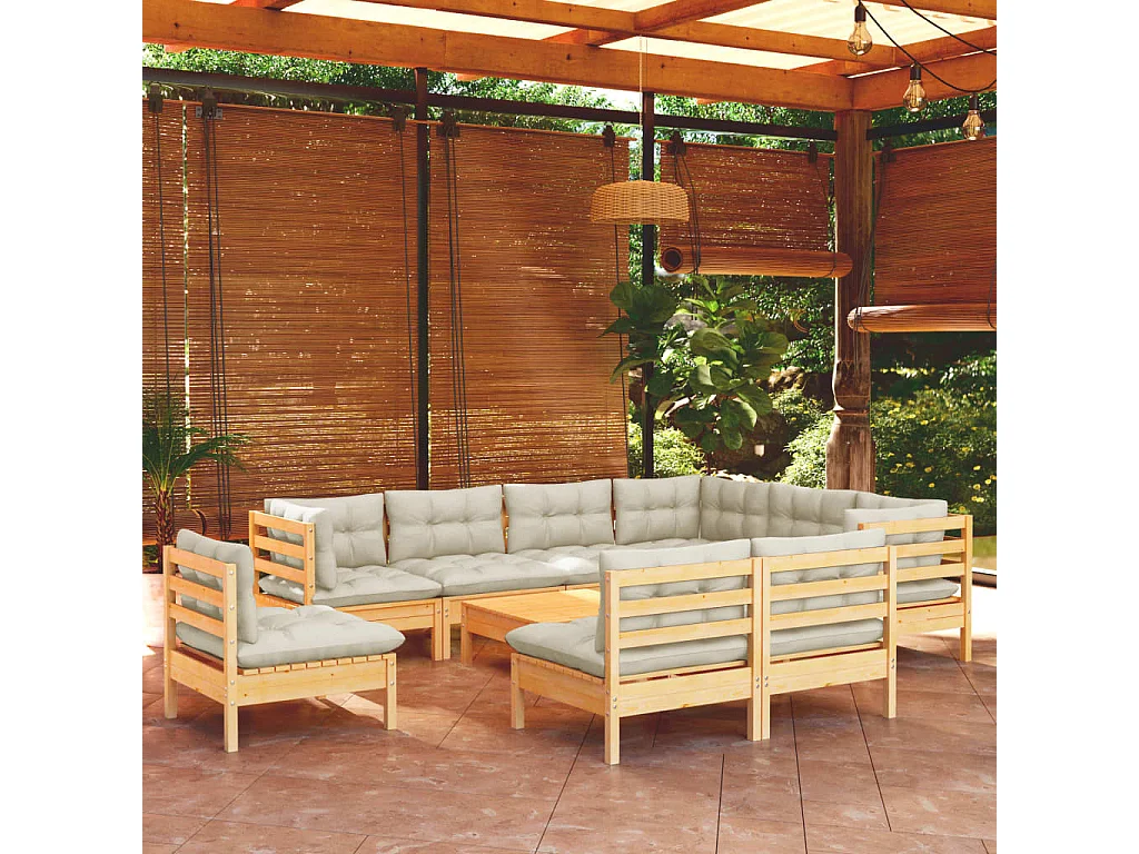 10-tlg. Garten-Lounge-Set mit Creme Kissen Massivholz Kiefer
