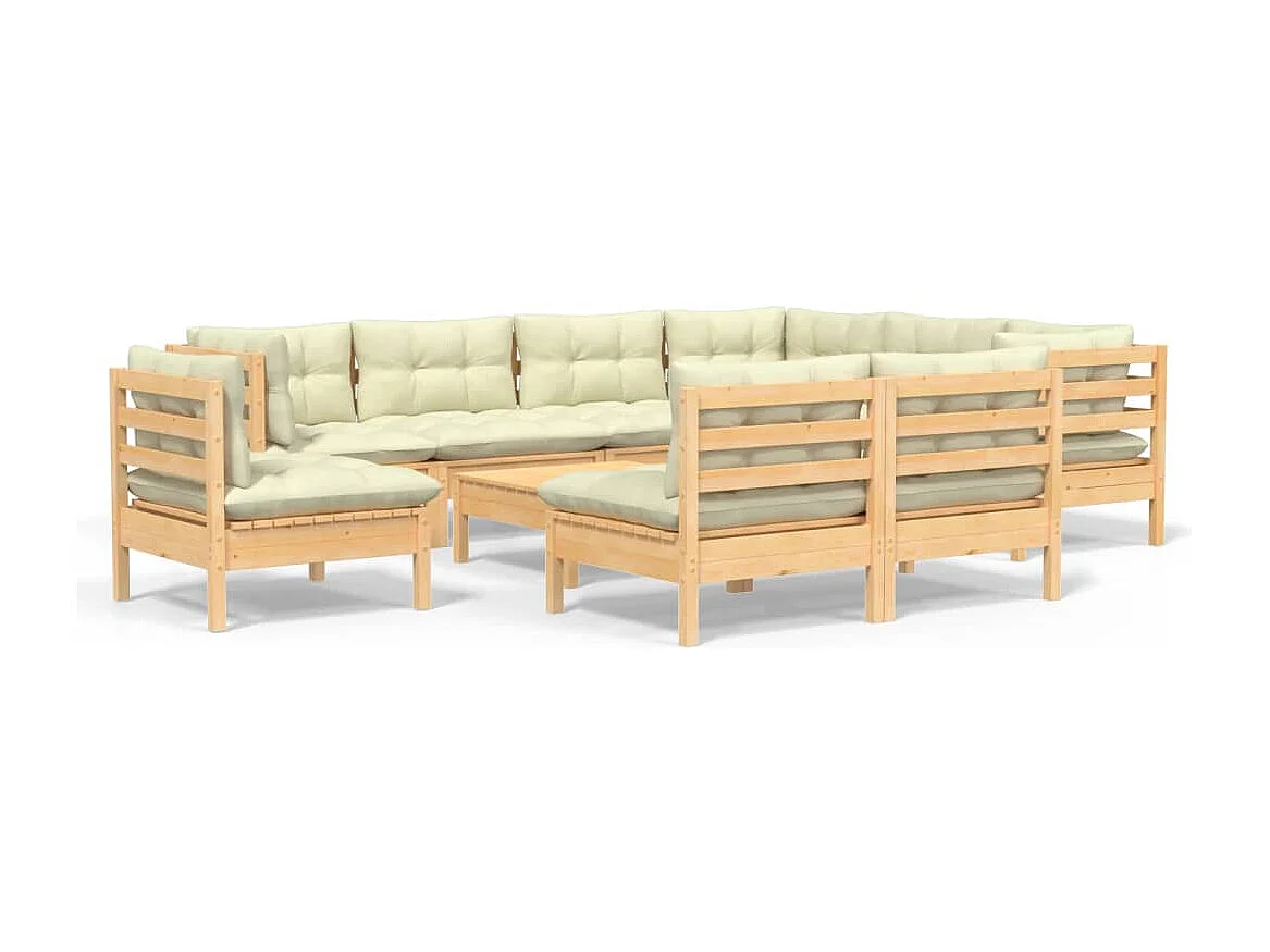 10-tlg. Garten-Lounge-Set mit Creme Kissen Massivholz Kiefer