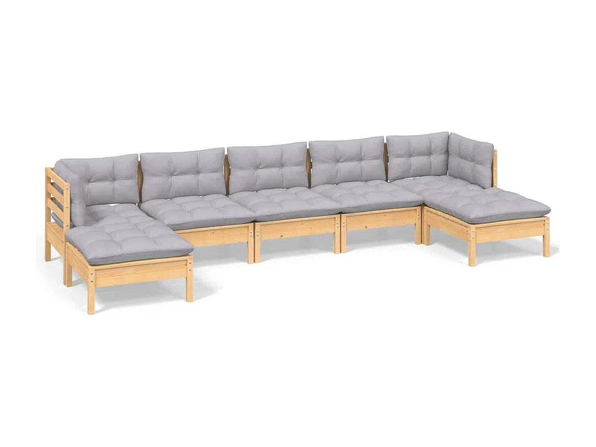 Salon de jardin 7 pcs avec coussins gris bois de pin