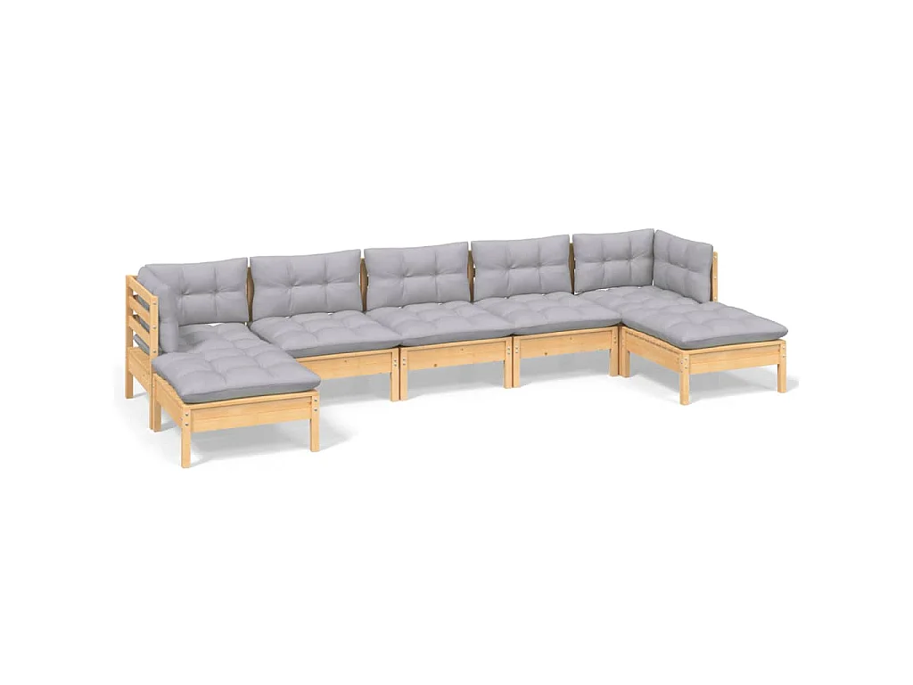 Salon de jardin 7 pcs avec coussins gris bois de pin